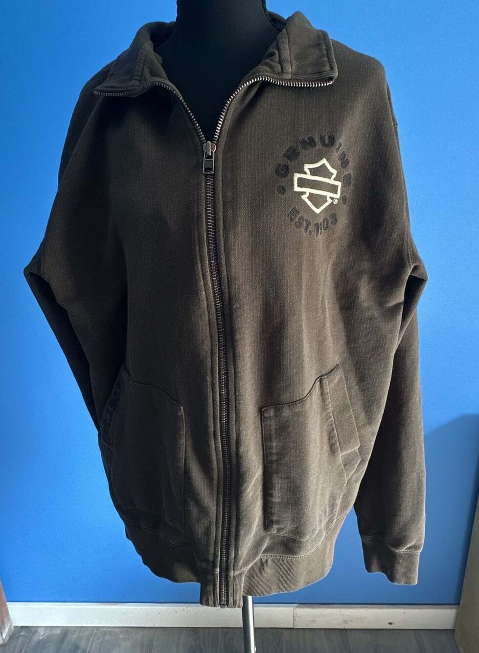Harley-Davidson Vintage Brown Full Zip Up Hoodie Sweatshirt Genuine Est. 1903